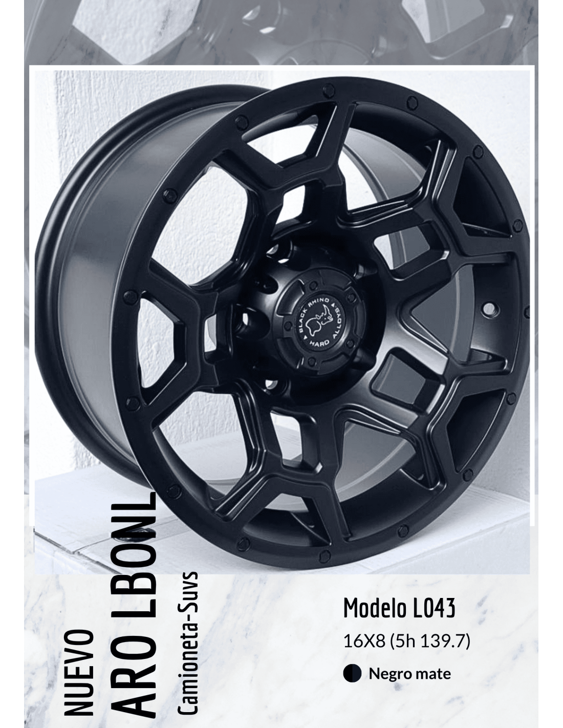 KIT DE AROS NEGRO MATE MODELO L043 RIN 16 DE 5 HUECOS - PCD 139.7 MM